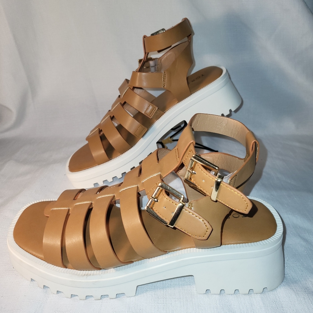 Tan Strappy Sandals with White Soles